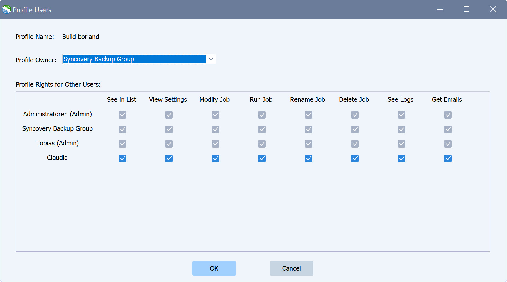 Скриншот диалога Syncovery «Пользователи профиля».