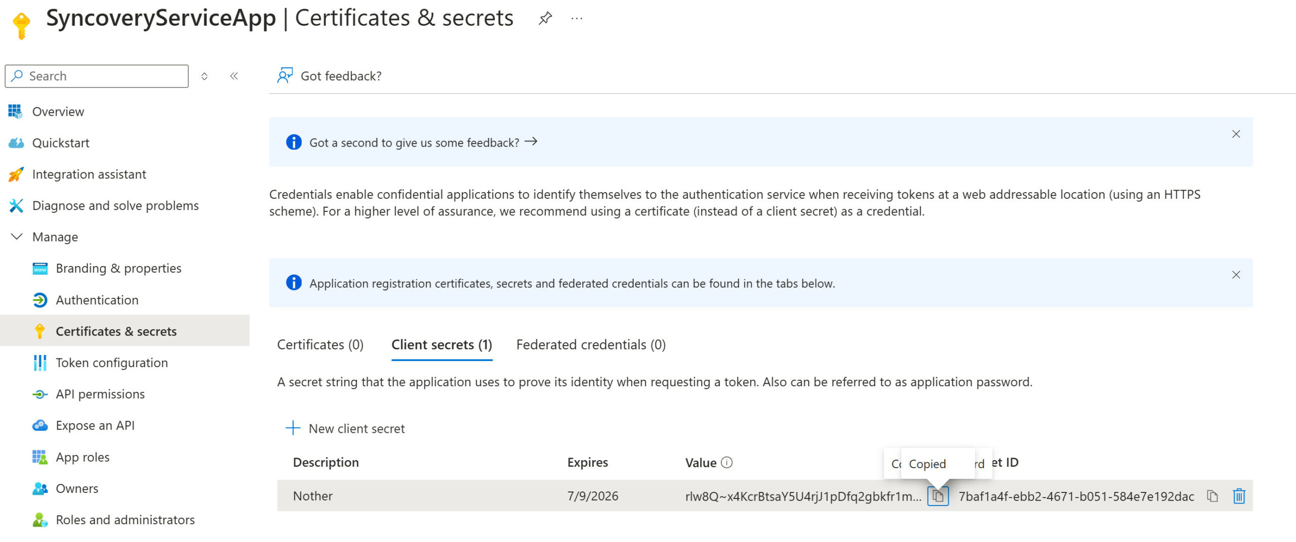 A screenshot showing the app secret.