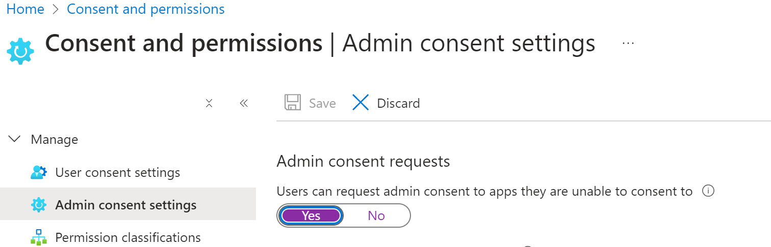 A screenshot showing how to allow admin consent requests in the Azure portal.