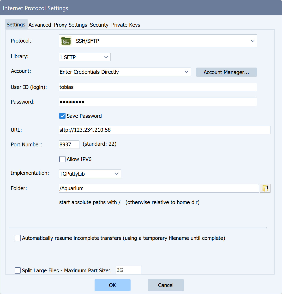 A screenshot showing Syncovery's Internet Protocol Settings dialog with the SFTP protocol chosen.
