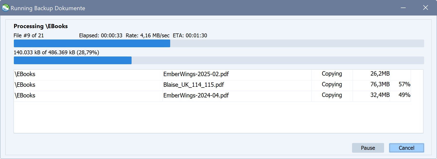 Программа резервного копирования Syncovery показывает диалог прогресса синхронизации.